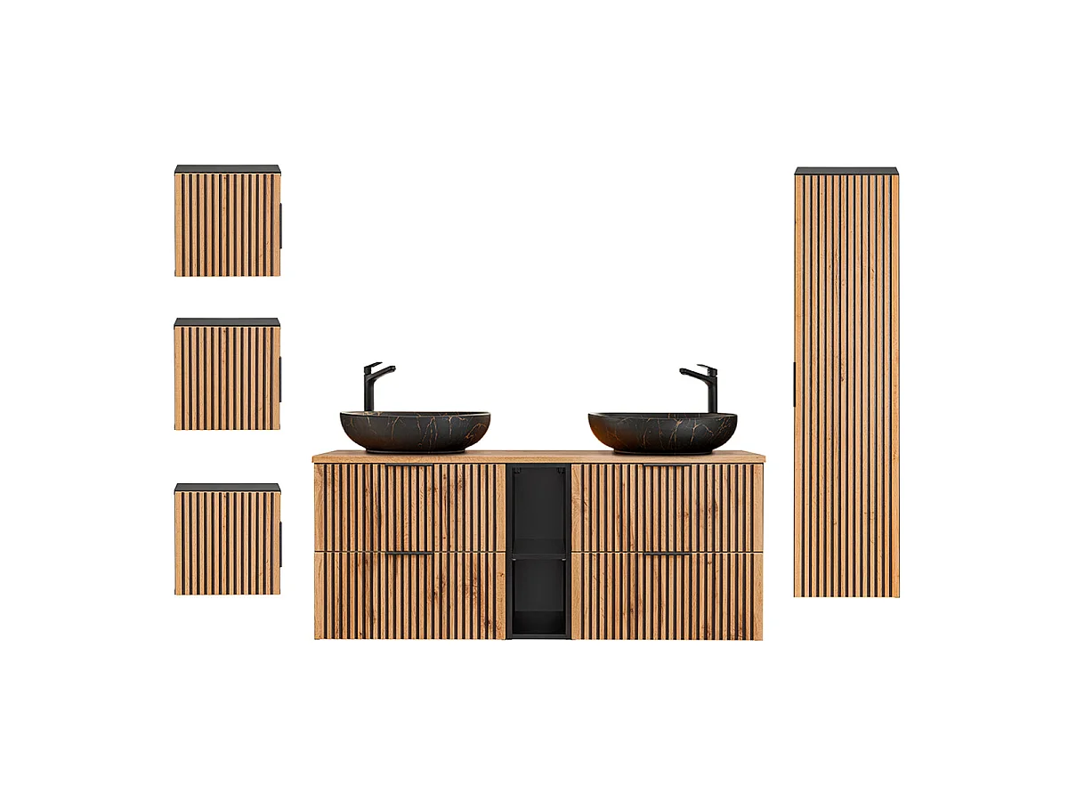 Ensemble meuble double vasque 140cm 2 niches colonne et 3 armoires murales Gaia Bois et Noir - Vasque Noir