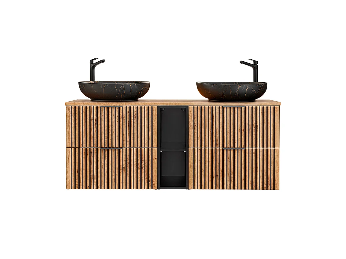 Ensemble meuble double vasque 140cm 2 niches colonne et 3 armoires murales Gaia Bois et Noir - Vasque Noir