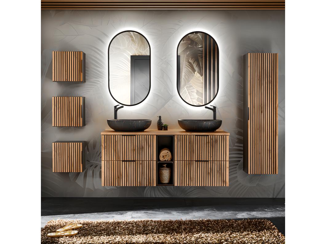 Ensemble meuble double vasque 140cm 2 niches colonne et 3 armoires murales Gaia Bois et Noir - Vasque Noir