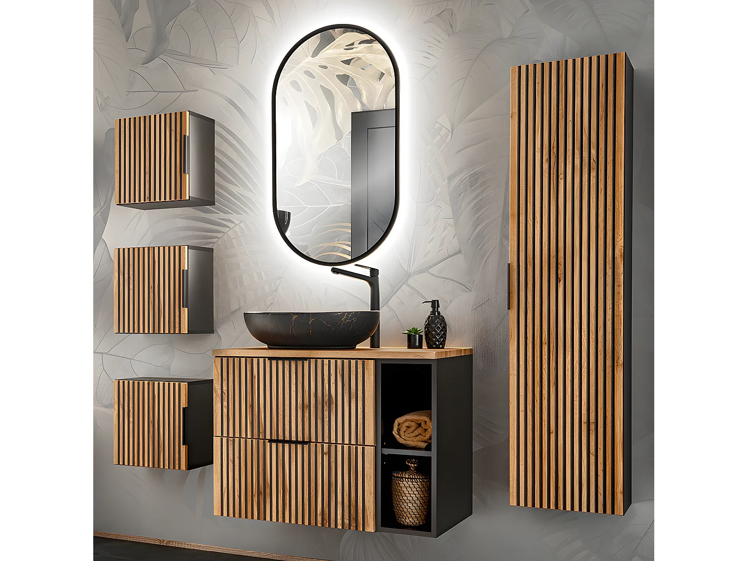 Ensemble meuble simple vasque 80cm 2 niches colonne et 3 armoires murales Gaia Bois et Noir - Vasque Noir