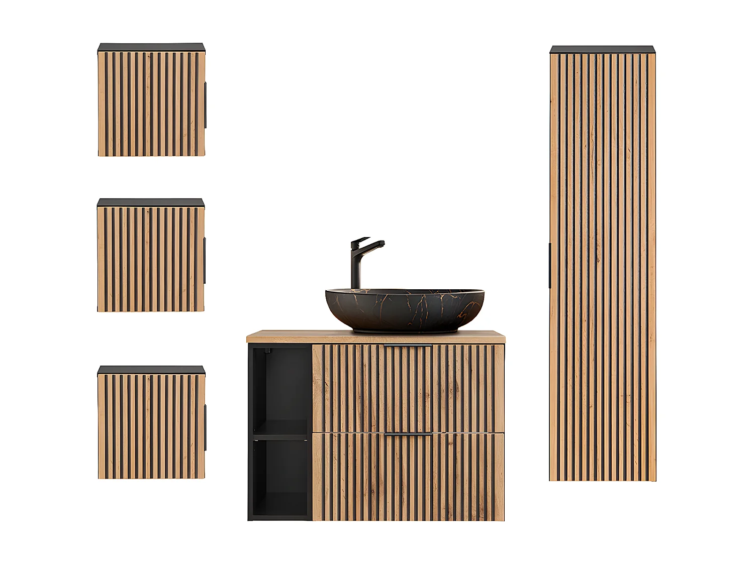 Enkele wastafel 80cm 2 nissen en 3 hangkasten Gaia Wood en Zwart - Zwarte wastafel