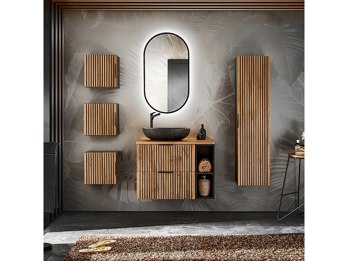 Enkele wastafel 80cm 2 nissen en 3 hangkasten Gaia Wood en Zwart - Zwarte wastafel