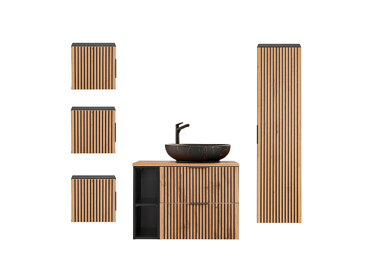 Ensemble meuble simple vasque 80cm 2 niches colonne et 3 armoires murales Gaia Bois et Noir - Vasque Noir