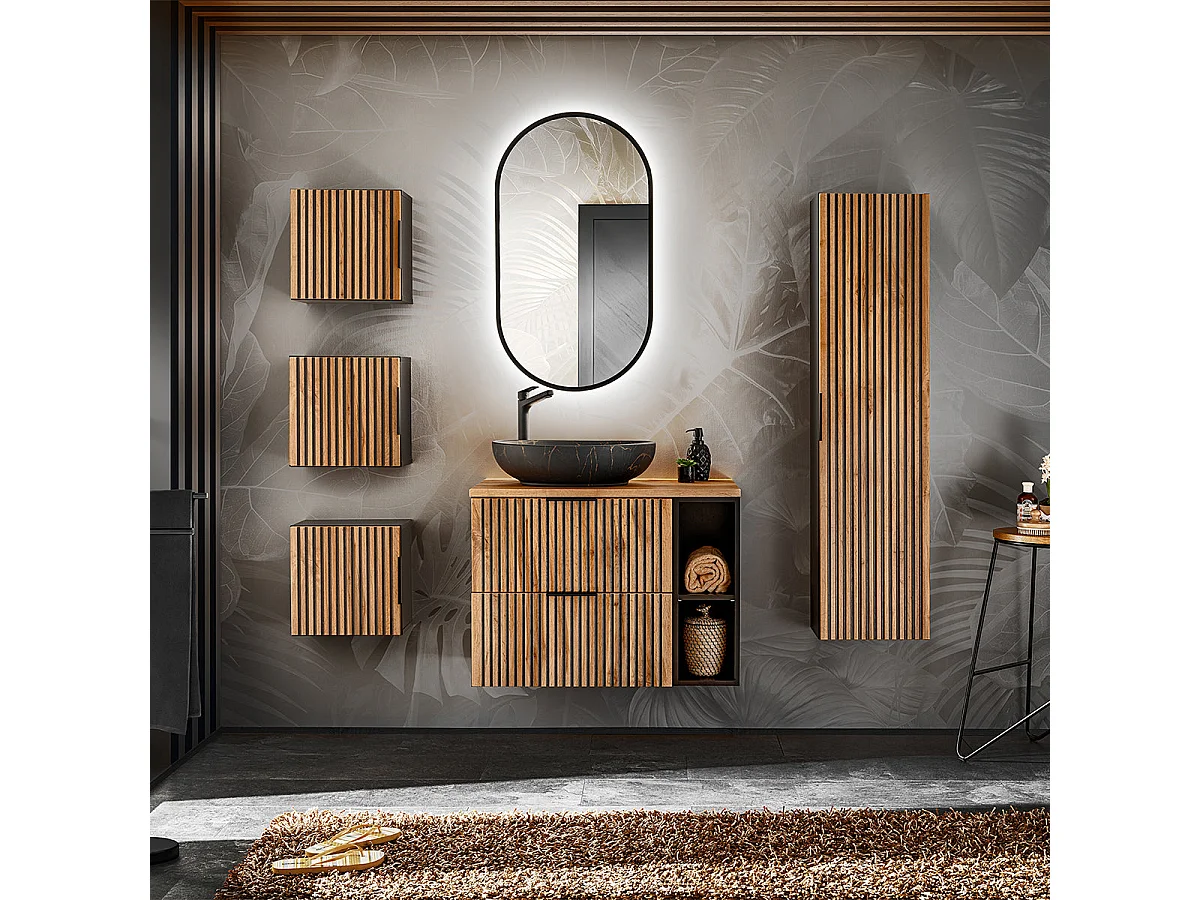 Ensemble meuble simple vasque 80cm 2 niches colonne et 3 armoires murales Gaia Bois et Noir - Vasque Noir