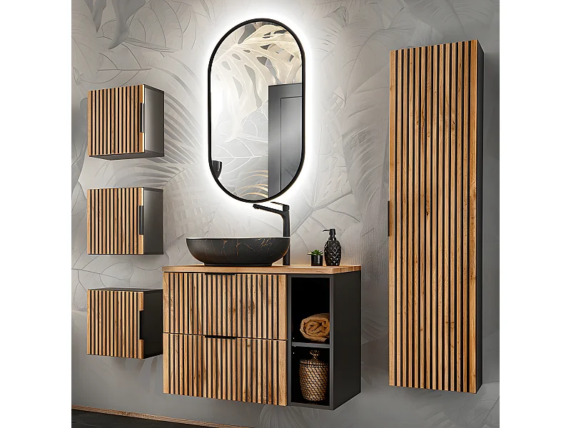 Conjunto de móveis de casa de banho com lavatório Gaia madeira com aspeto de carvalho e preto 80cm