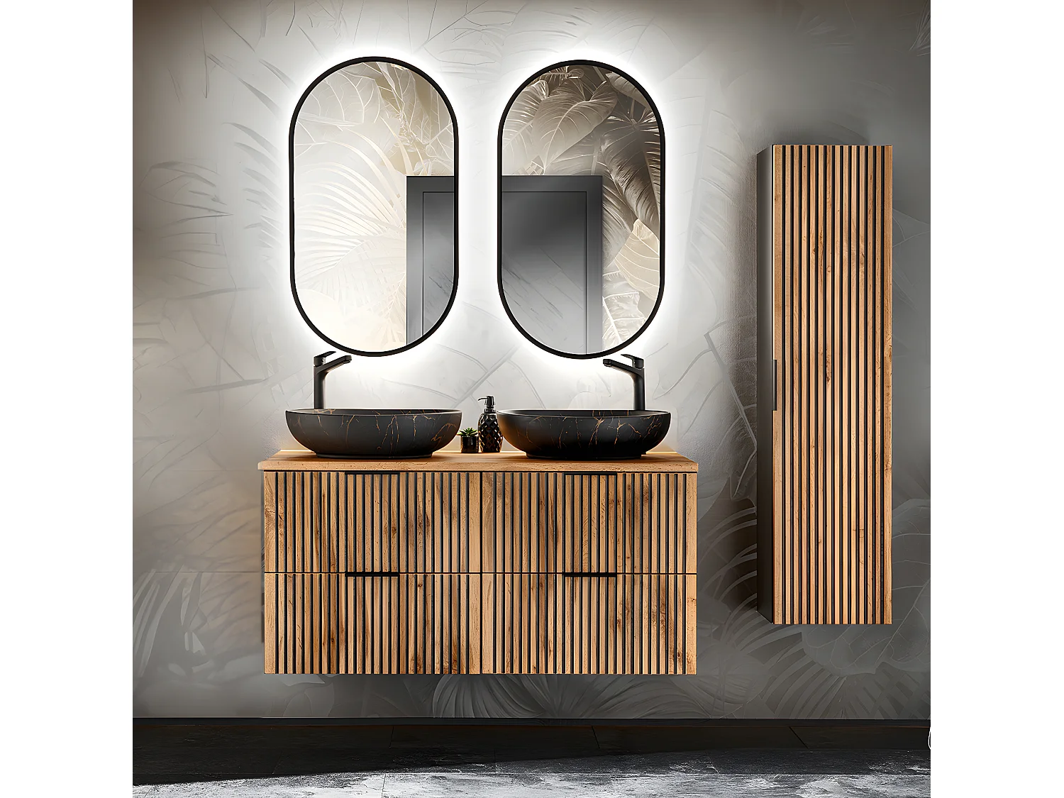 Ensemble meuble double vasque 120cm et colonne Gaia Bois et Noir - Vasque Noir