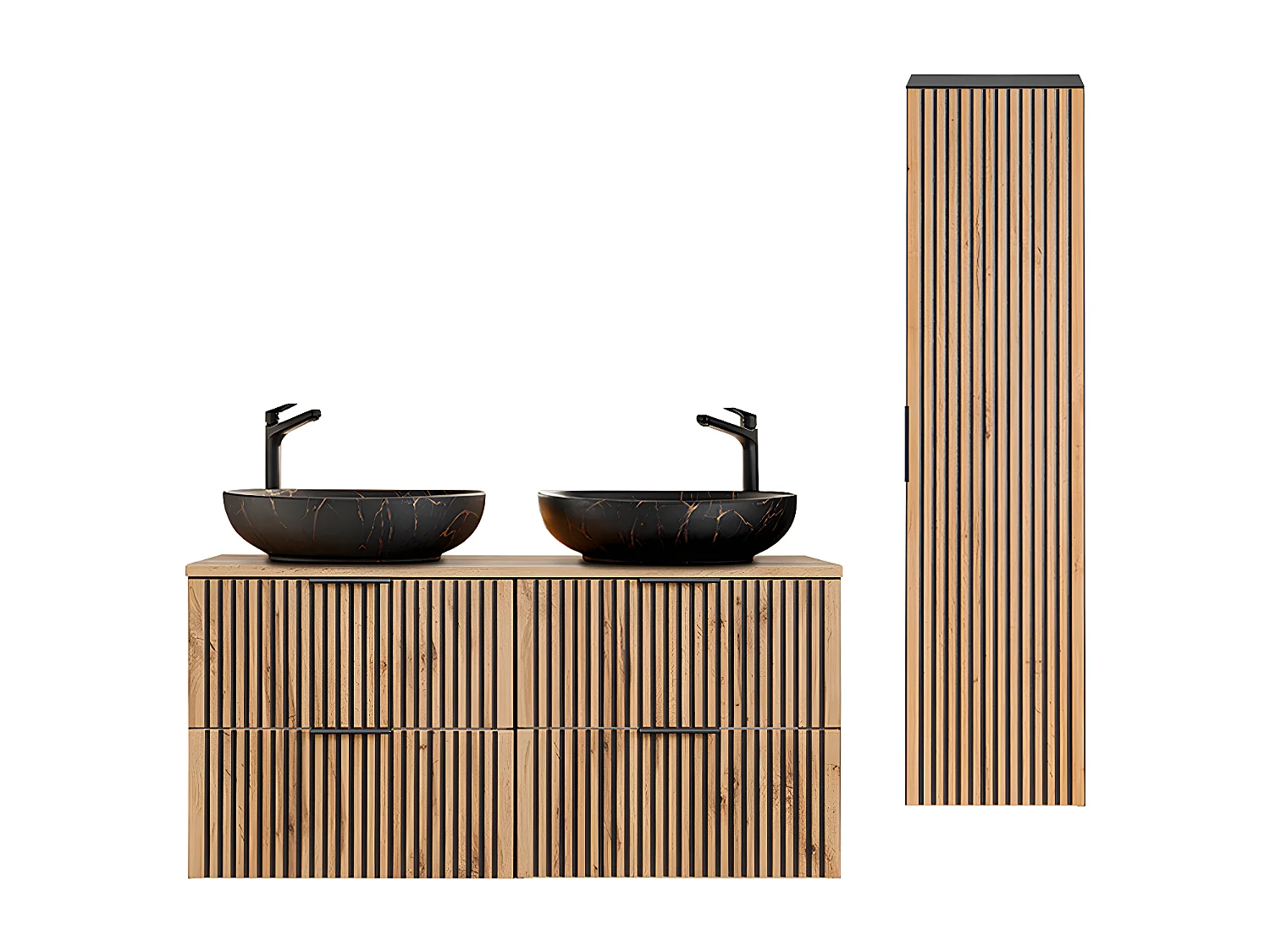 Ensemble meuble double vasque 120cm et colonne Gaia Bois et Noir - Vasque Noir