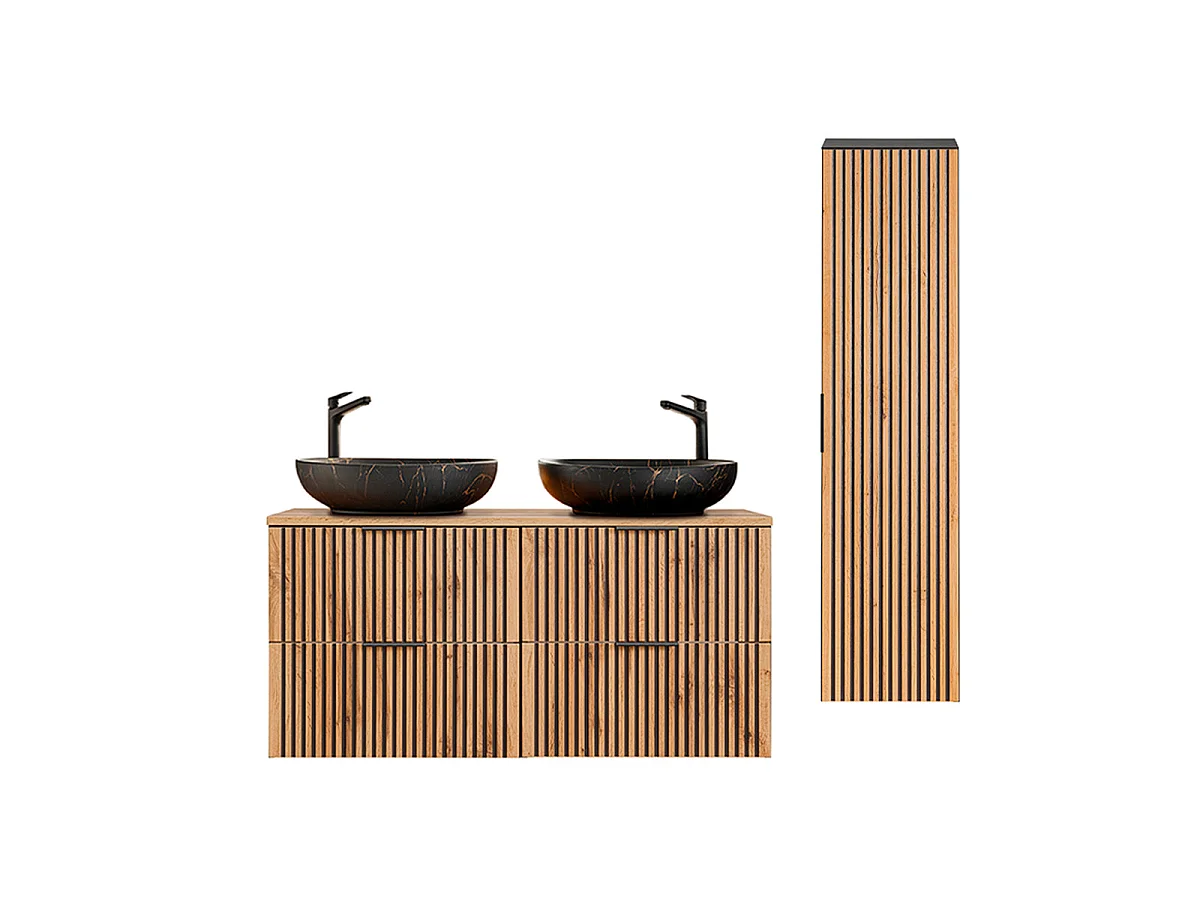 Ensemble meuble double vasque 120cm et colonne Gaia Bois et Noir - Vasque Noir