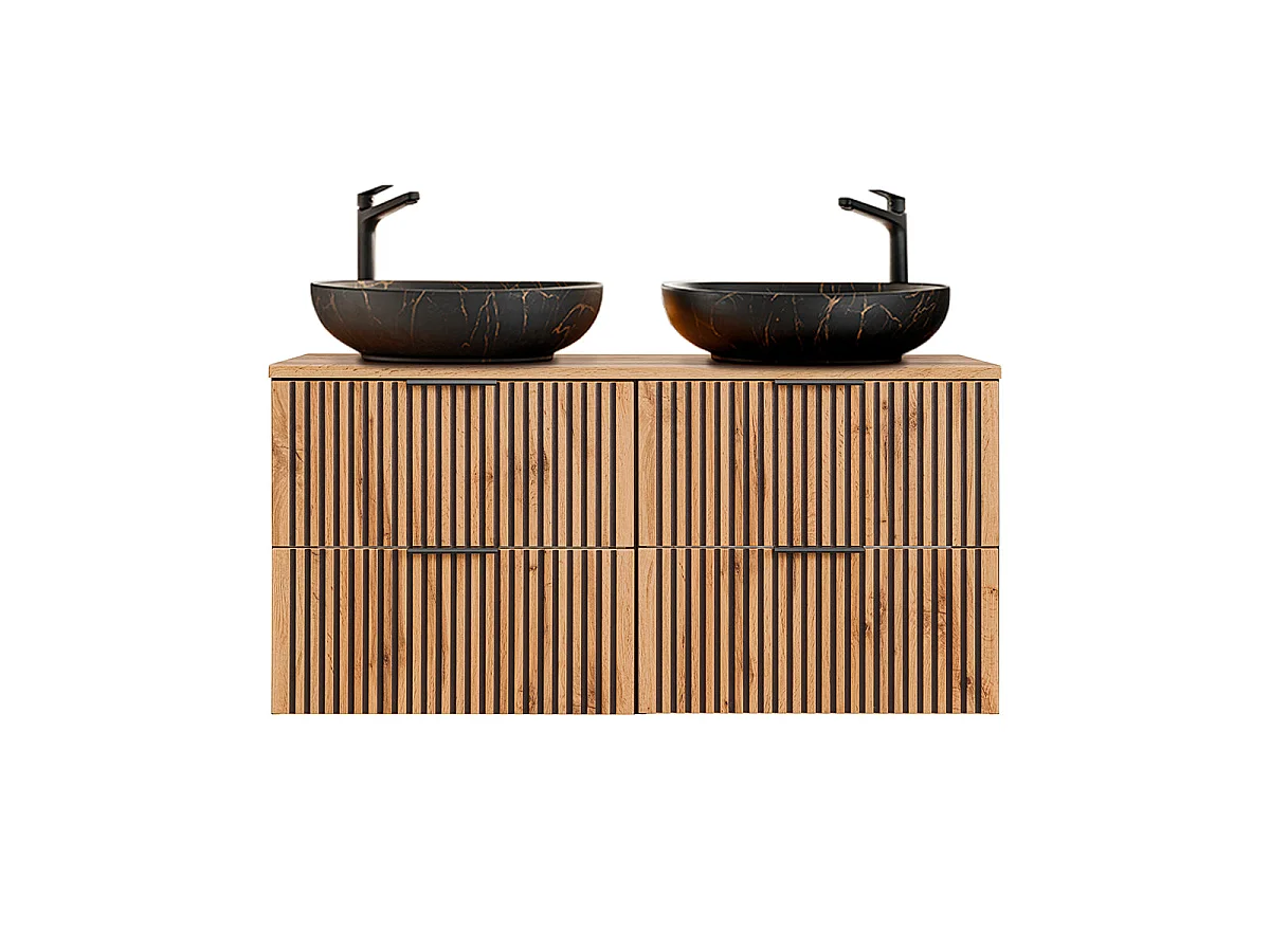 Ensemble meuble double vasque 120cm et colonne Gaia Bois et Noir - Vasque Noir