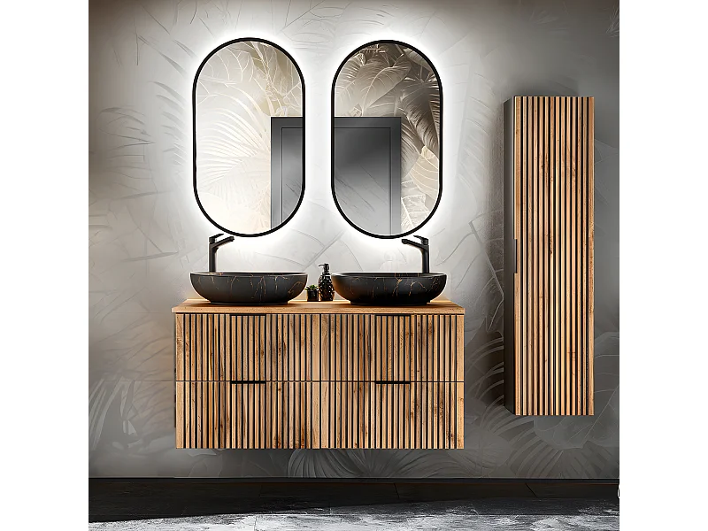 Conjunto de muebles con doble lavabo 120cm y columna Gaia Madera y Negro - Lavabo Negro