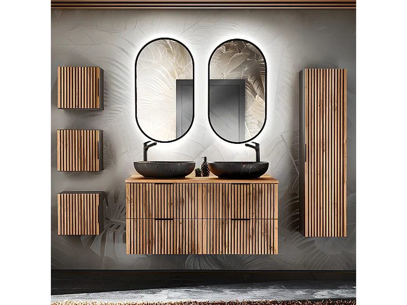 Conjunto de muebles con doble lavabo 120cm columna y 3 armarios de pared Gaia Madera y Negro - Lavabo Negro