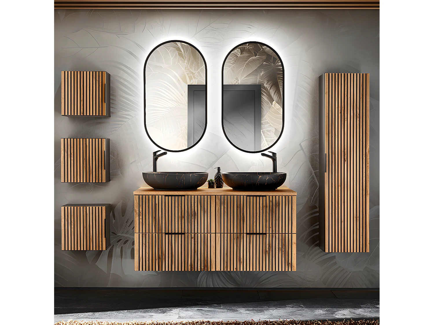 Ensemble meuble double vasque 120cm colonne et 3 armoires murales Gaia Bois et Noir - Vasque Noir