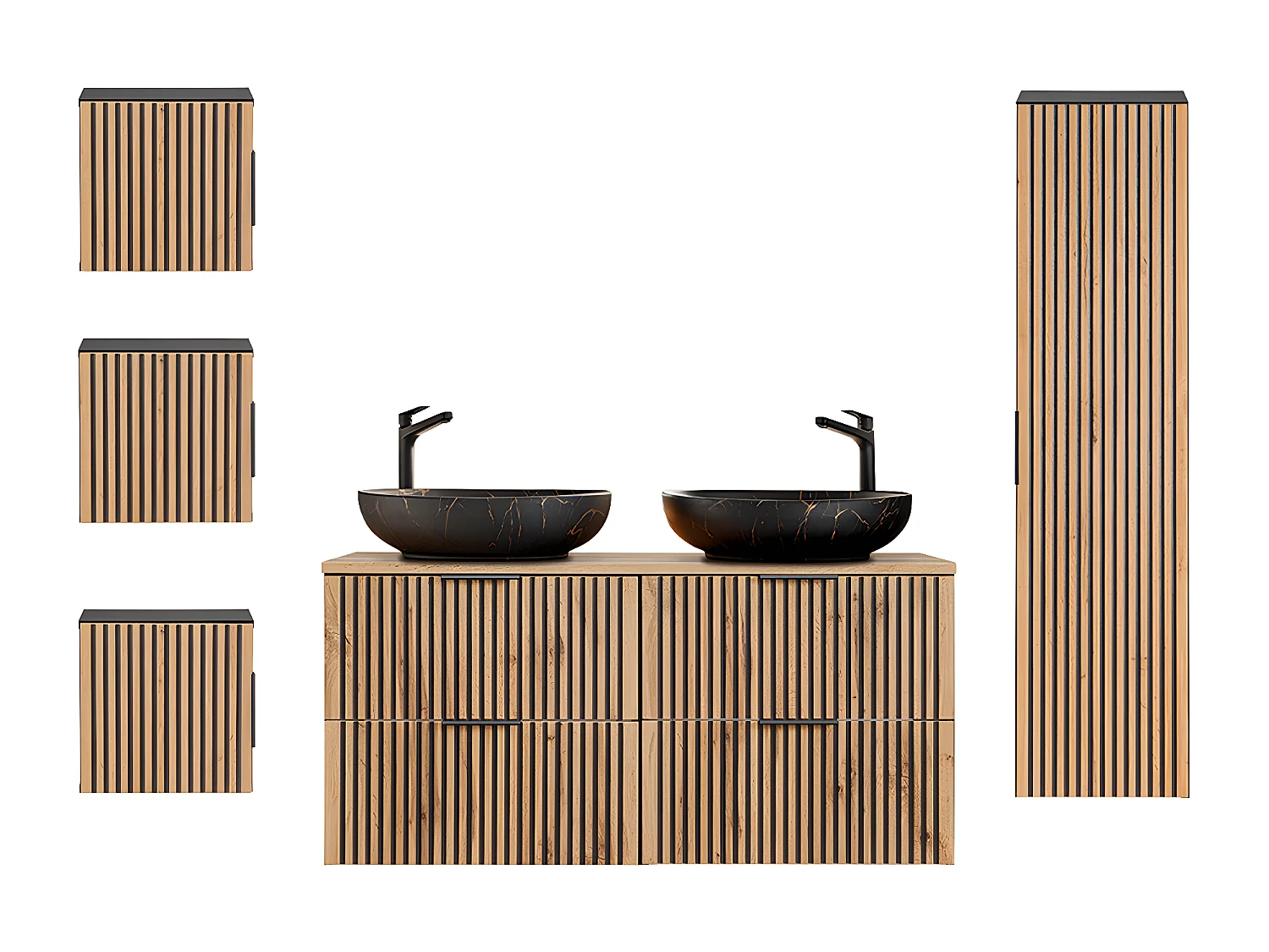 Ensemble meuble double vasque 120cm colonne et 3 armoires murales Gaia Bois et Noir - Vasque Noir