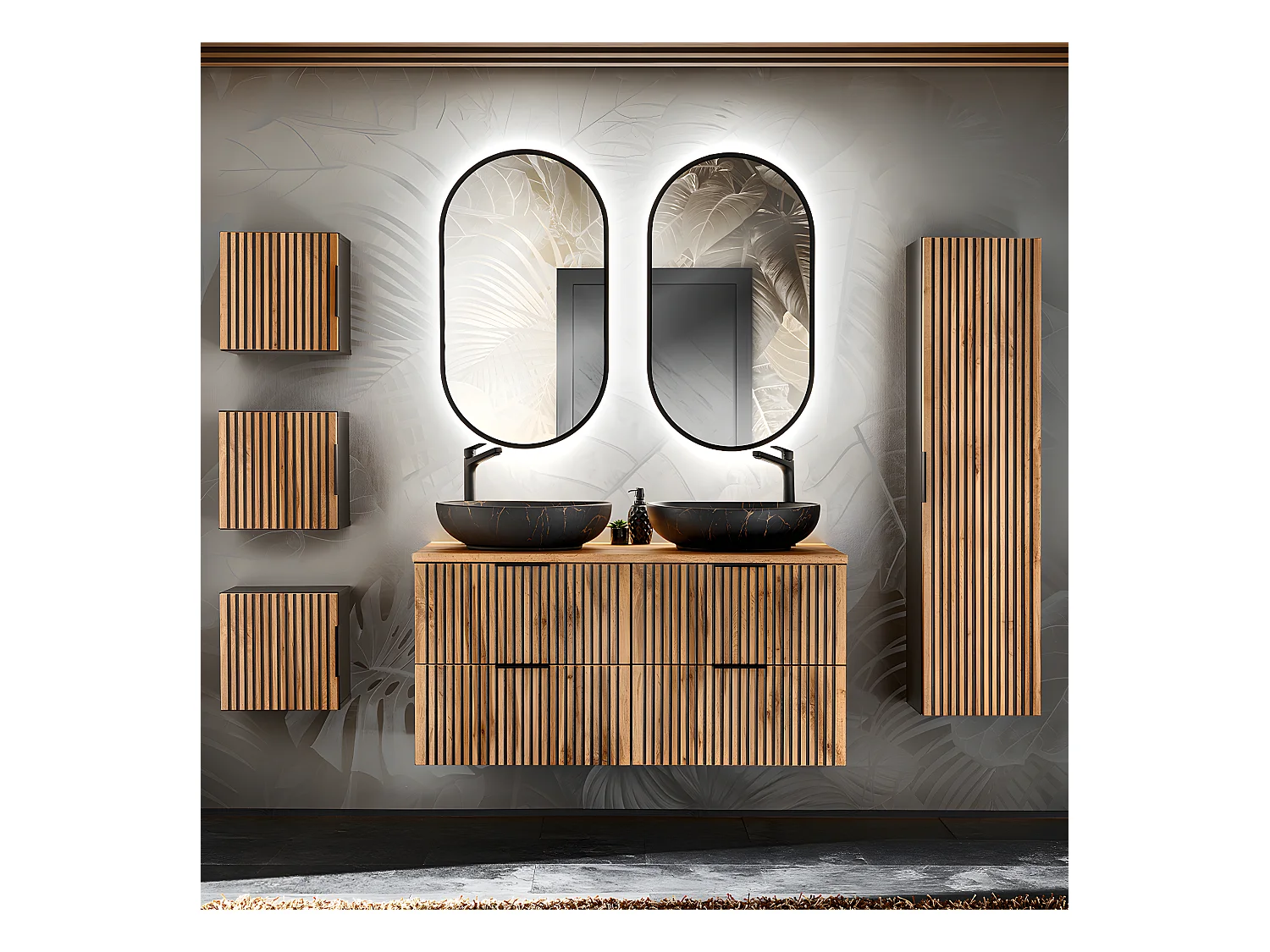 Ensemble meuble double vasque 120cm colonne et 3 armoires murales Gaia Bois et Noir - Vasque Noir