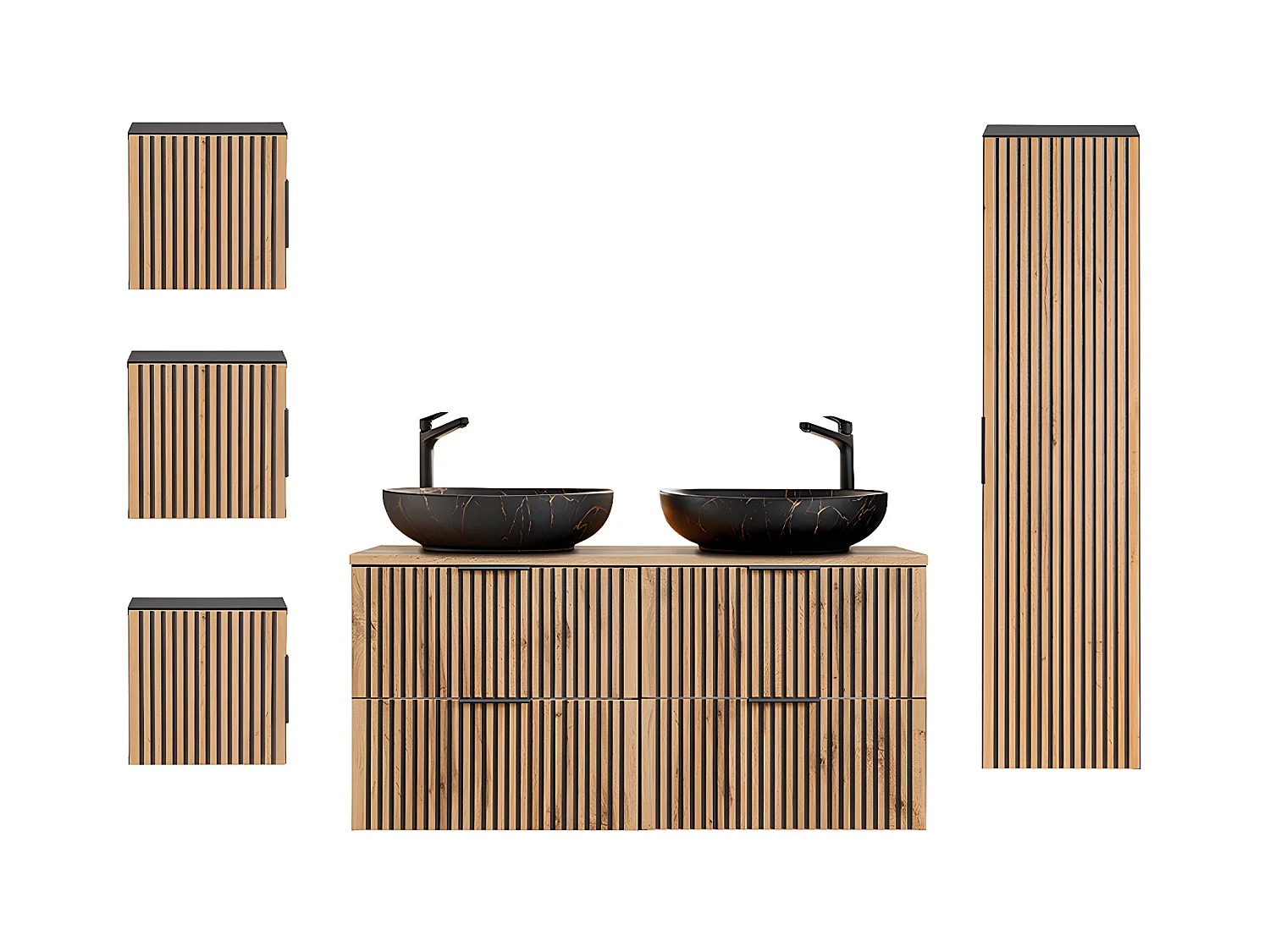 Set van 120cm dubbele wastafel en 3 Gaia houten en zwarte wandkasten - Zwarte wastafel