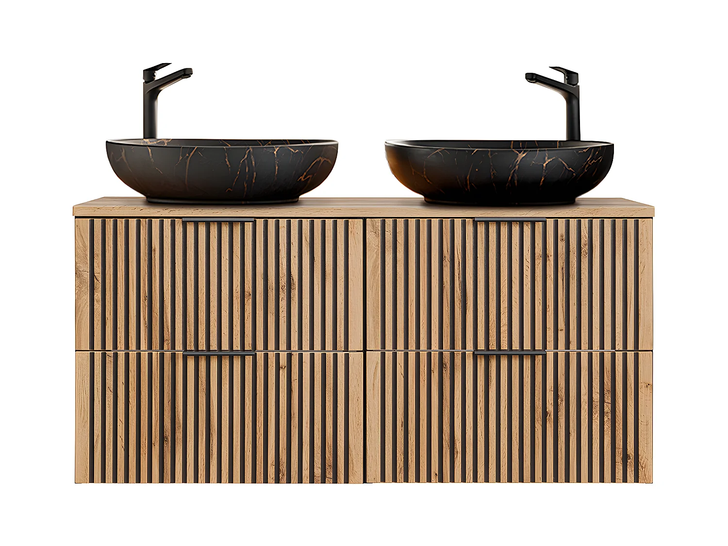 Set van 120cm dubbele wastafel en 3 Gaia houten en zwarte wandkasten - Zwarte wastafel