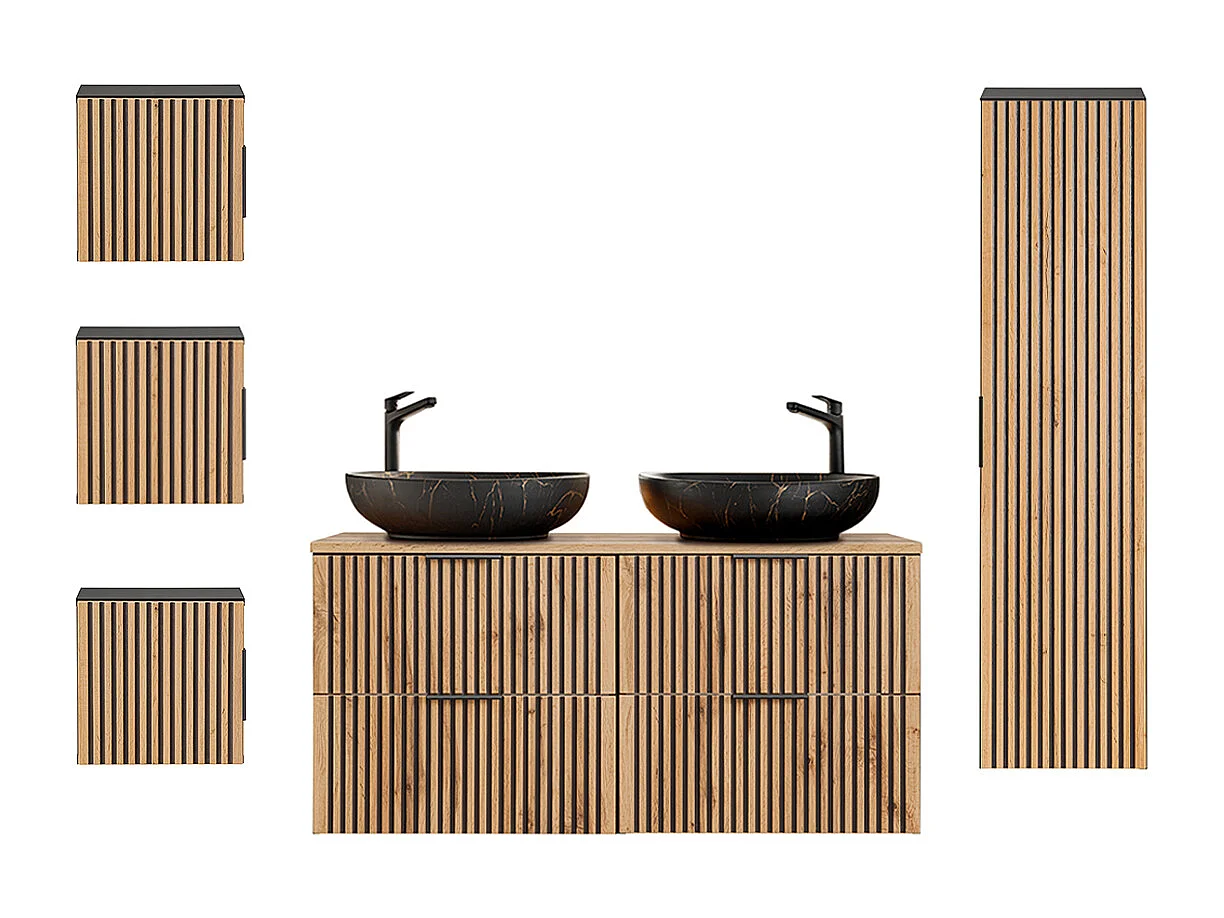 Set van 120cm dubbele wastafel en 3 Gaia houten en zwarte wandkasten - Zwarte wastafel