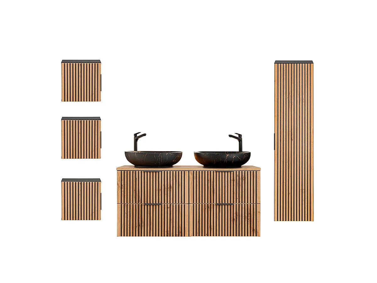 Ensemble meuble double vasque 120cm colonne et 3 armoires murales Gaia Bois et Noir - Vasque Noir