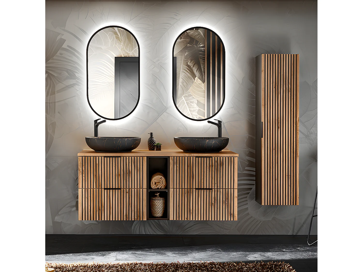 Ensemble meuble double vasque 140cm 2 niches et colonne Gaia Bois et Noir - Vasque Noir