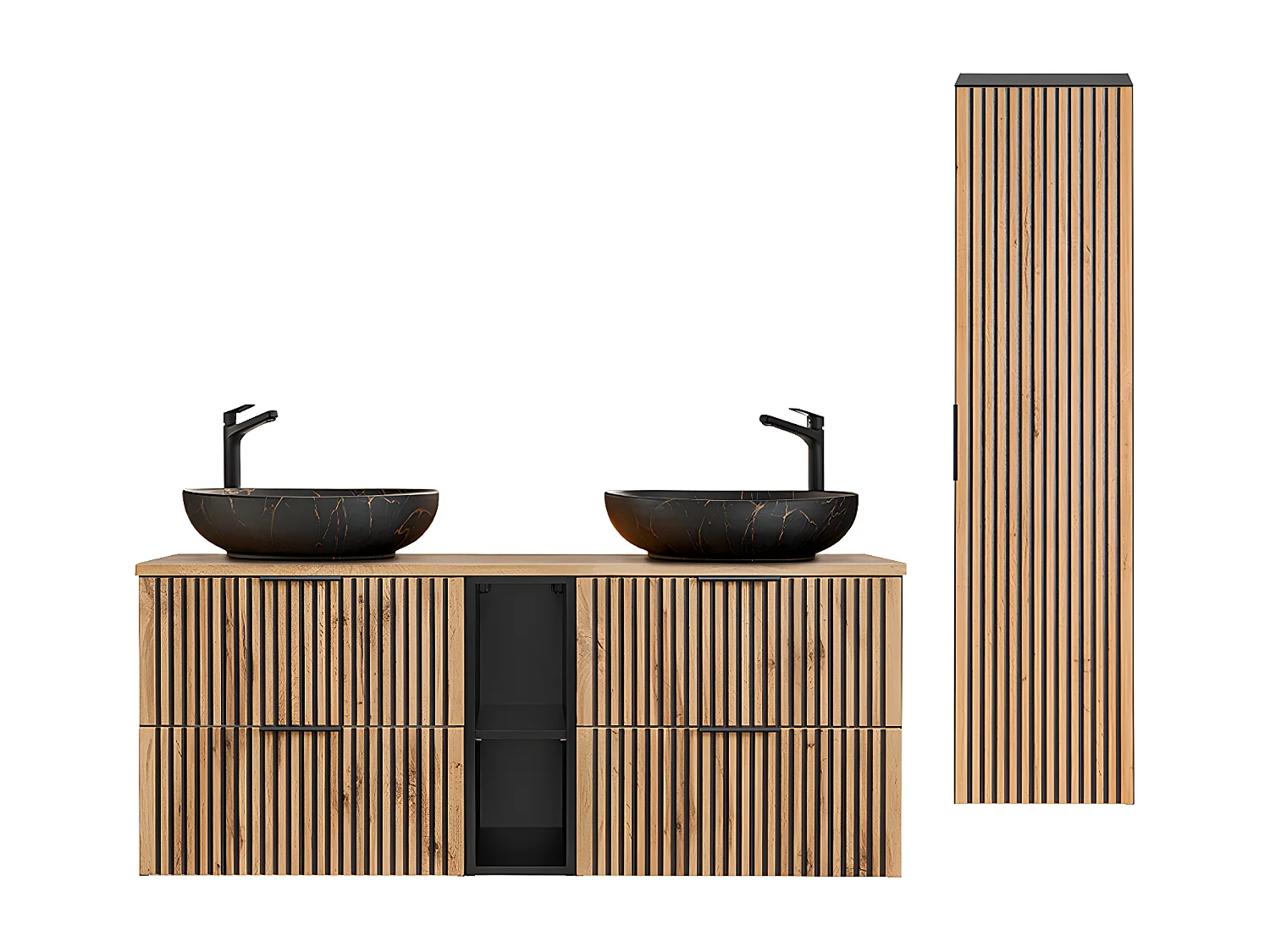 Ensemble meuble double vasque 140cm 2 niches et colonne Gaia Bois et Noir - Vasque Noir