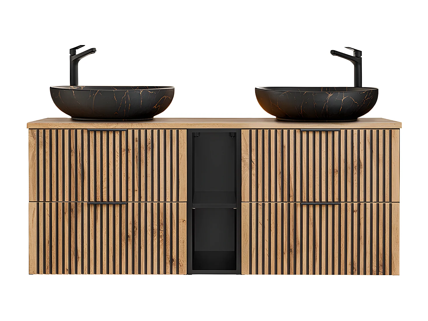 Ensemble meuble double vasque 140cm 2 niches et colonne Gaia Bois et Noir - Vasque Noir