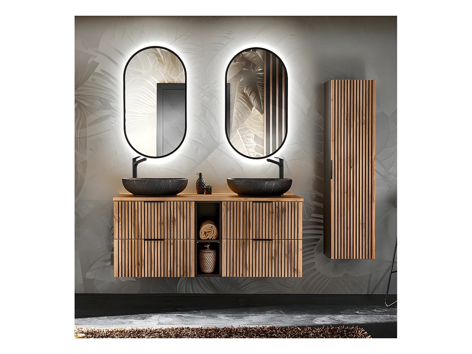 Ensemble meuble double vasque 140cm 2 niches et colonne Gaia Bois et Noir - Vasque Noir