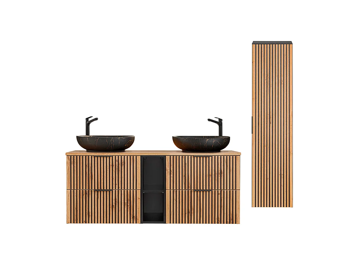 Ensemble meuble double vasque 140cm 2 niches et colonne Gaia Bois et Noir - Vasque Noir