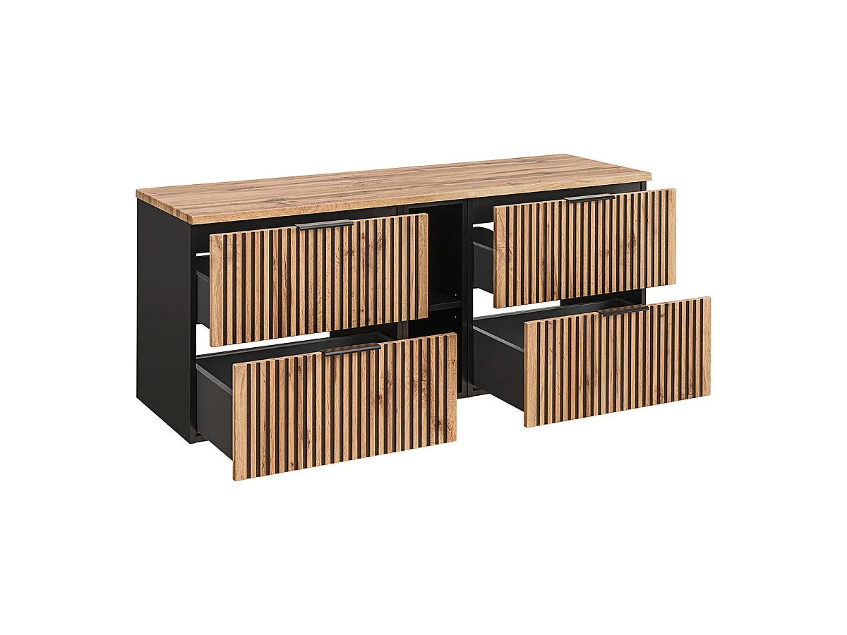 Ensemble meuble double vasque 140cm 2 niches et colonne Gaia Bois et Noir - Vasque Noir