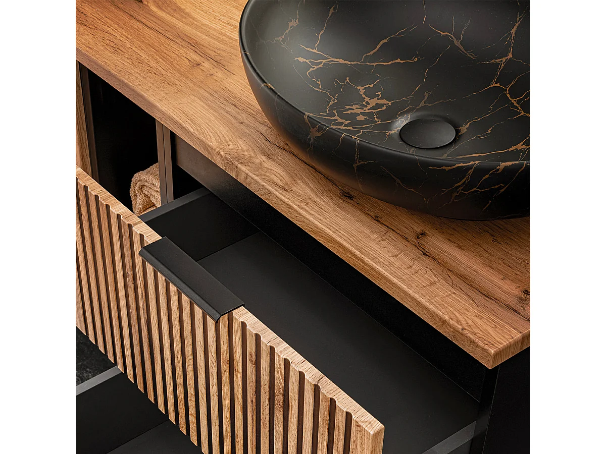 Ensemble meuble double vasque 140cm 2 niches et colonne Gaia Bois et Noir - Vasque Noir