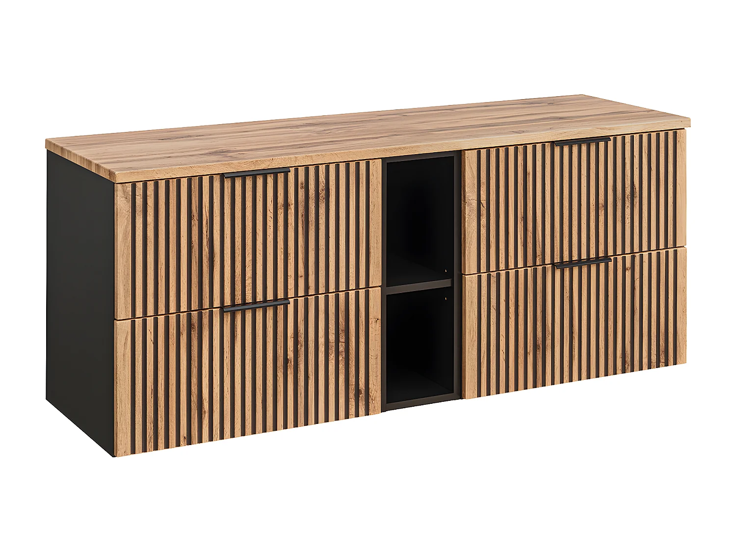 Meuble double vasque 140cm 2 niches Gaia Bois et Noir - Vasque Noir