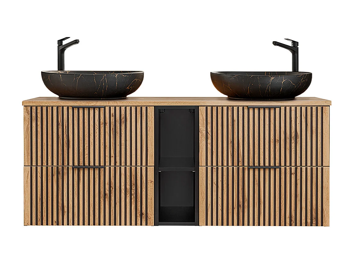 Dobbelt håndvask 140cm 2 nicher Gaia Wood og Sort - Sort håndvask