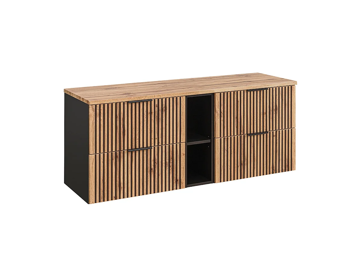 Meuble double vasque 140cm 2 niches Gaia Bois et Noir - Vasque Noir