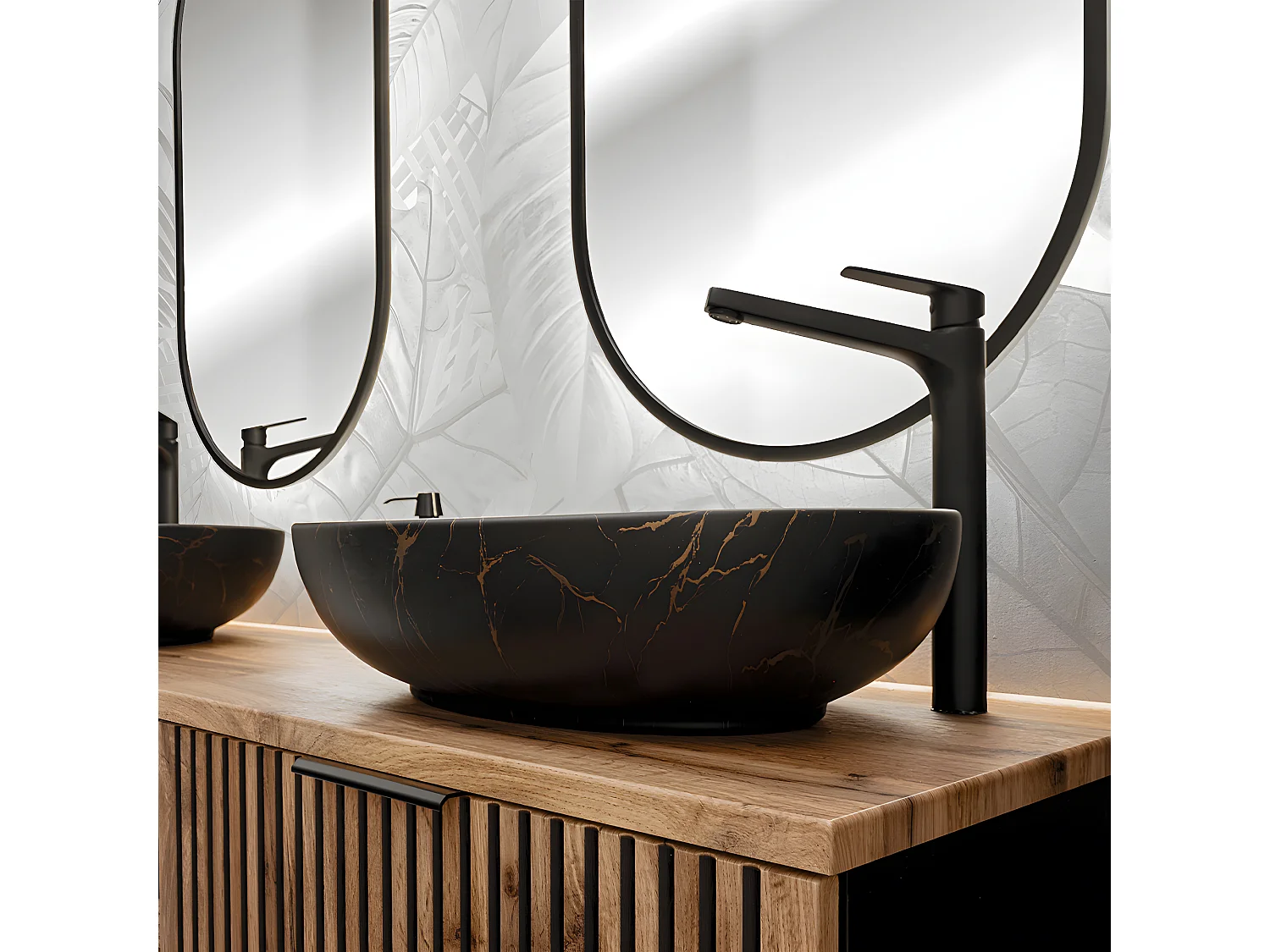 Meuble simple vasque 100cm Gaia Bois et Noir - Vasque Noir