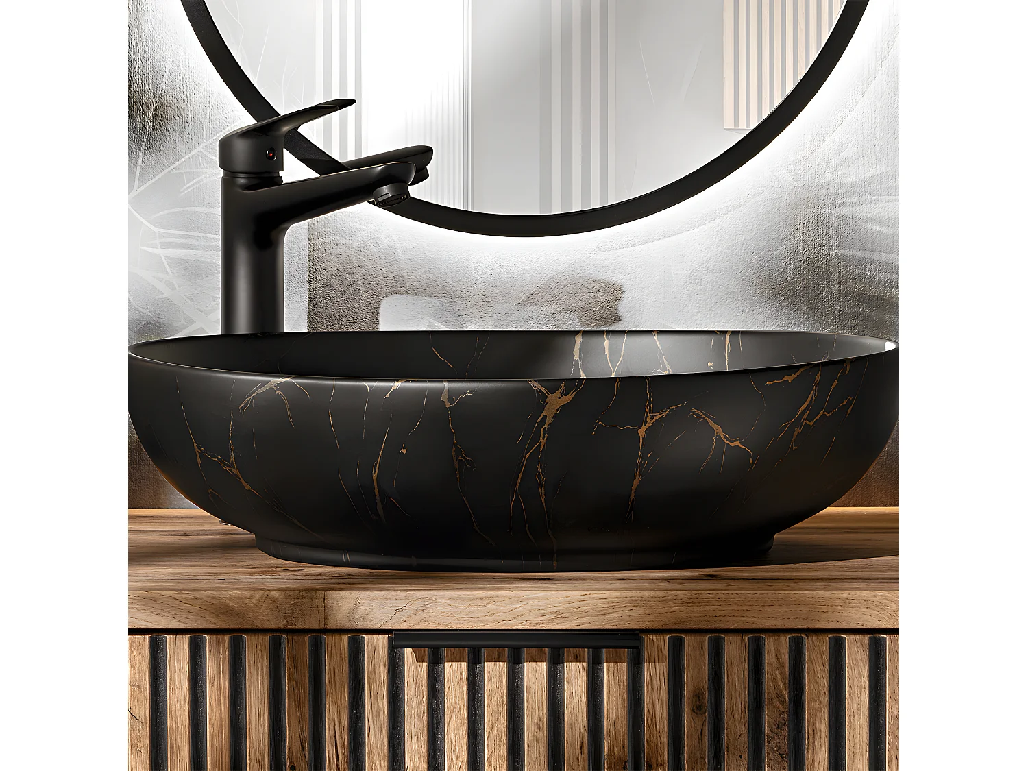 Meuble simple vasque 80cm 2 niches Gaia Bois et Noir - Vasque Noir