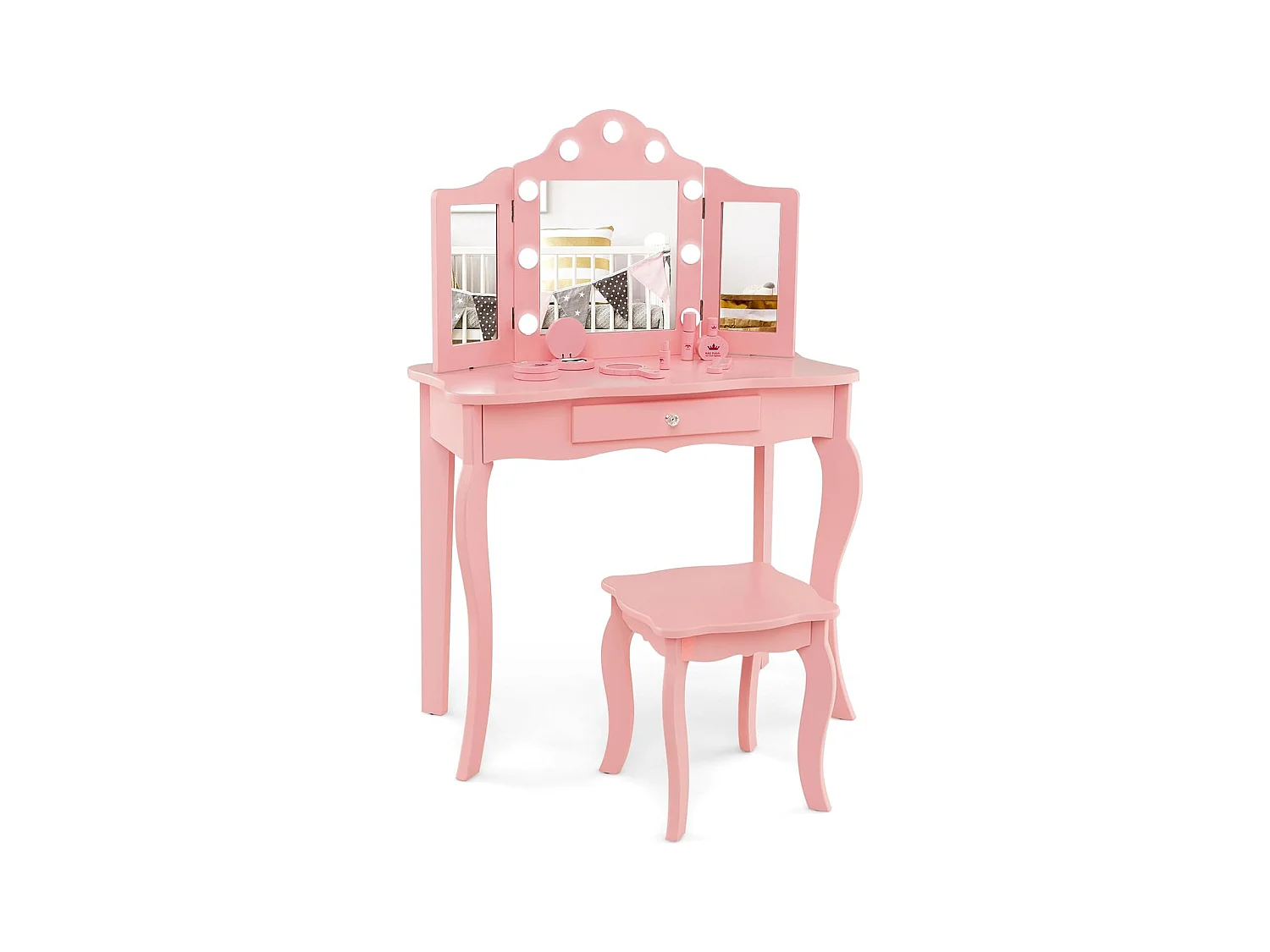2 in 1 Kinder Schminktisch, Frisiertisch mit LED-Leuchten, klappbarem Spiegel & Schubladen, Kosmetiktisch Prinzessin für Kinder Mädchen(Rosa) TK32457