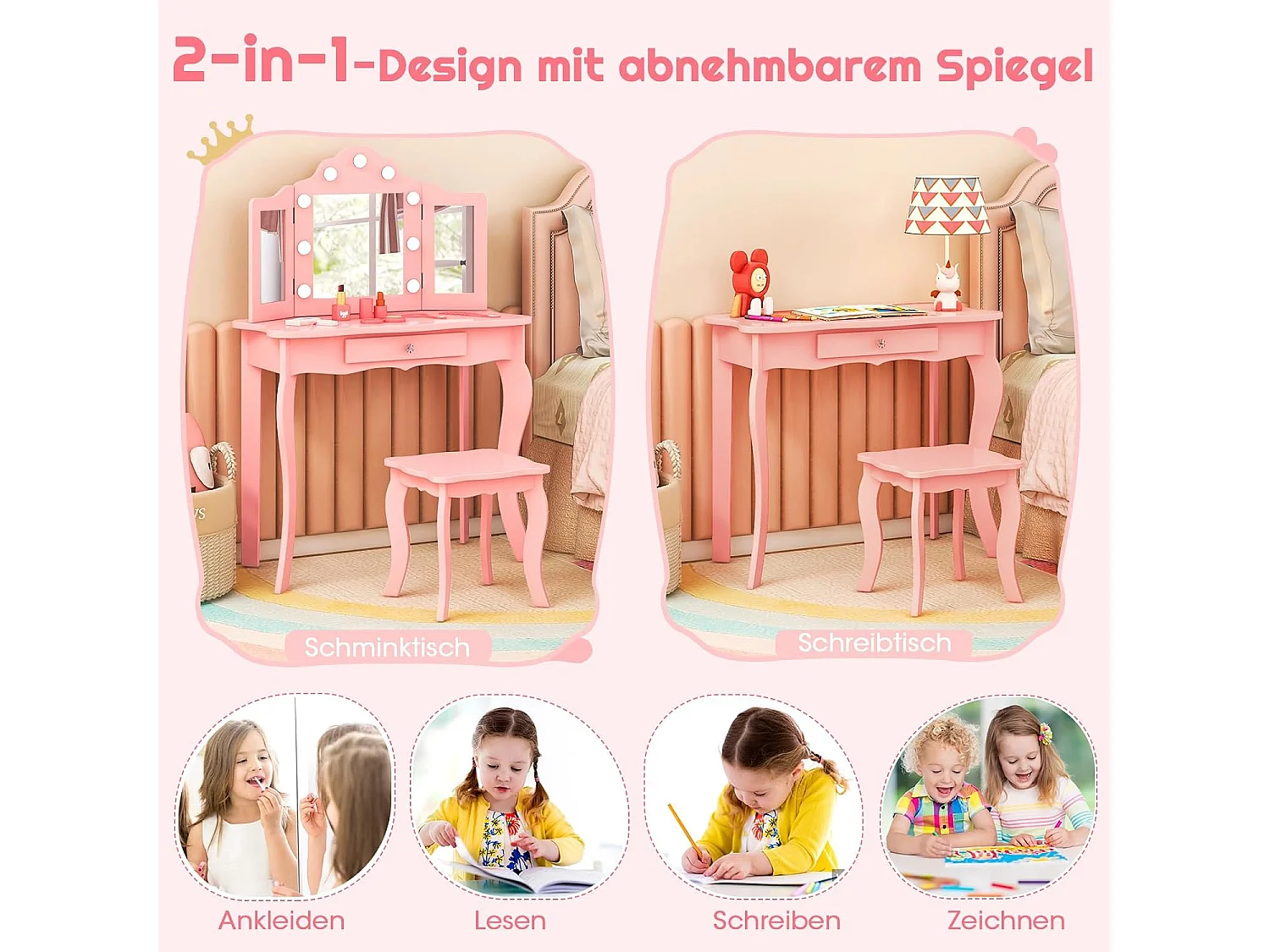 2 in 1 Kinder Schminktisch, Frisiertisch mit LED-Leuchten, klappbarem Spiegel & Schubladen, Kosmetiktisch Prinzessin für Kinder Mädchen(Rosa) TK32457