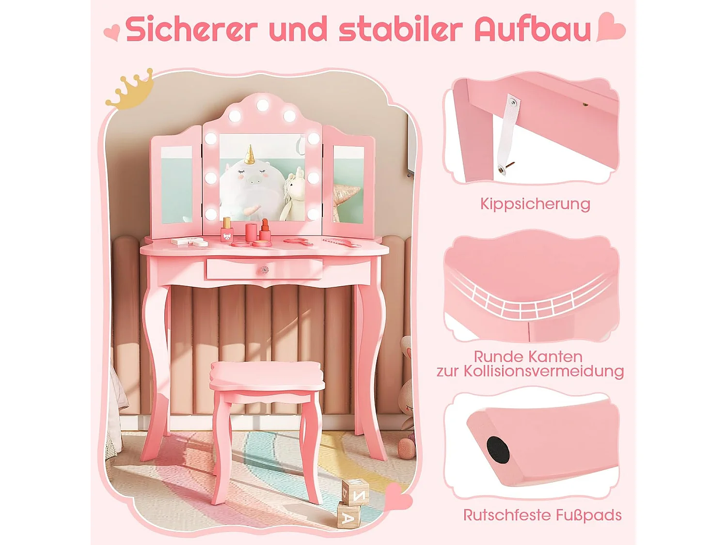 2 in 1 Kinder Schminktisch, Frisiertisch mit LED-Leuchten, klappbarem Spiegel & Schubladen, Kosmetiktisch Prinzessin für Kinder Mädchen(Rosa) TK32457