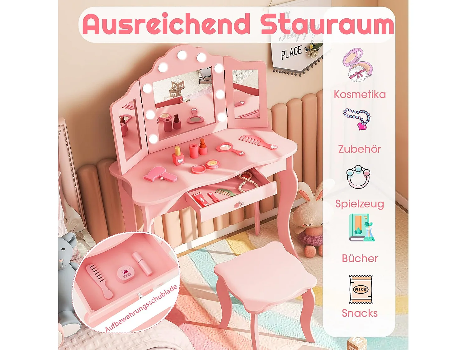 2 in 1 Kinder Schminktisch, Frisiertisch mit LED-Leuchten, klappbarem Spiegel & Schubladen, Kosmetiktisch Prinzessin für Kinder Mädchen(Rosa) TK32457