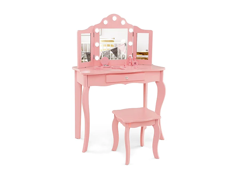 2 in 1 Kinder Schminktisch, Frisiertisch mit LED-Leuchten, klappbarem Spiegel & Schubladen, Kosmetiktisch Prinzessin für Kinder Mädchen(Rosa) TK32457