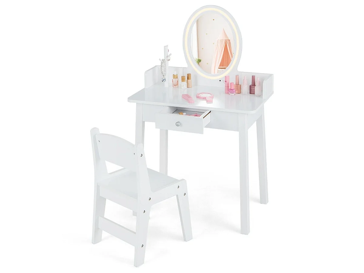 Schminktisch für Kinder mit beleuchtetem Spiegel Make-up-Tisch mit Stuhl Weiß