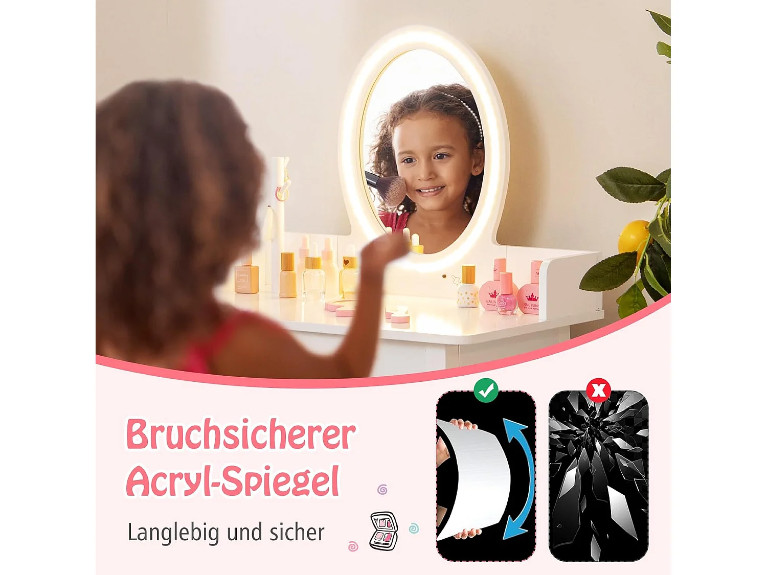 Schminktisch für Kinder mit beleuchtetem Spiegel Make-up-Tisch mit Stuhl Weiß