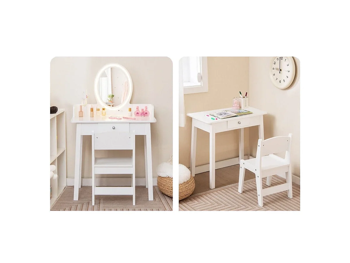 Schminktisch für Kinder mit beleuchtetem Spiegel Make-up-Tisch mit Stuhl Weiß