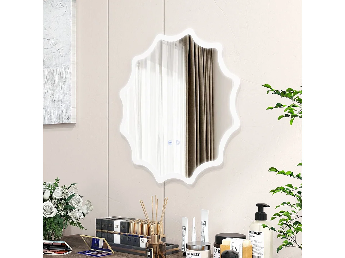 Badspiegel mit Anti-Beschlage Spiegelheizung Welle-Design LED-Spiegel Wandspiegel 60 x 60 cm