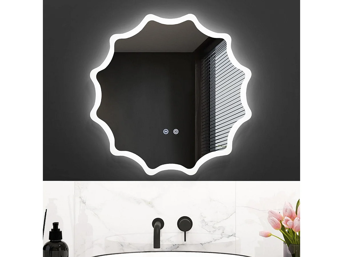 Badspiegel mit Anti-Beschlage Spiegelheizung Welle-Design LED-Spiegel Wandspiegel 60 x 60 cm
