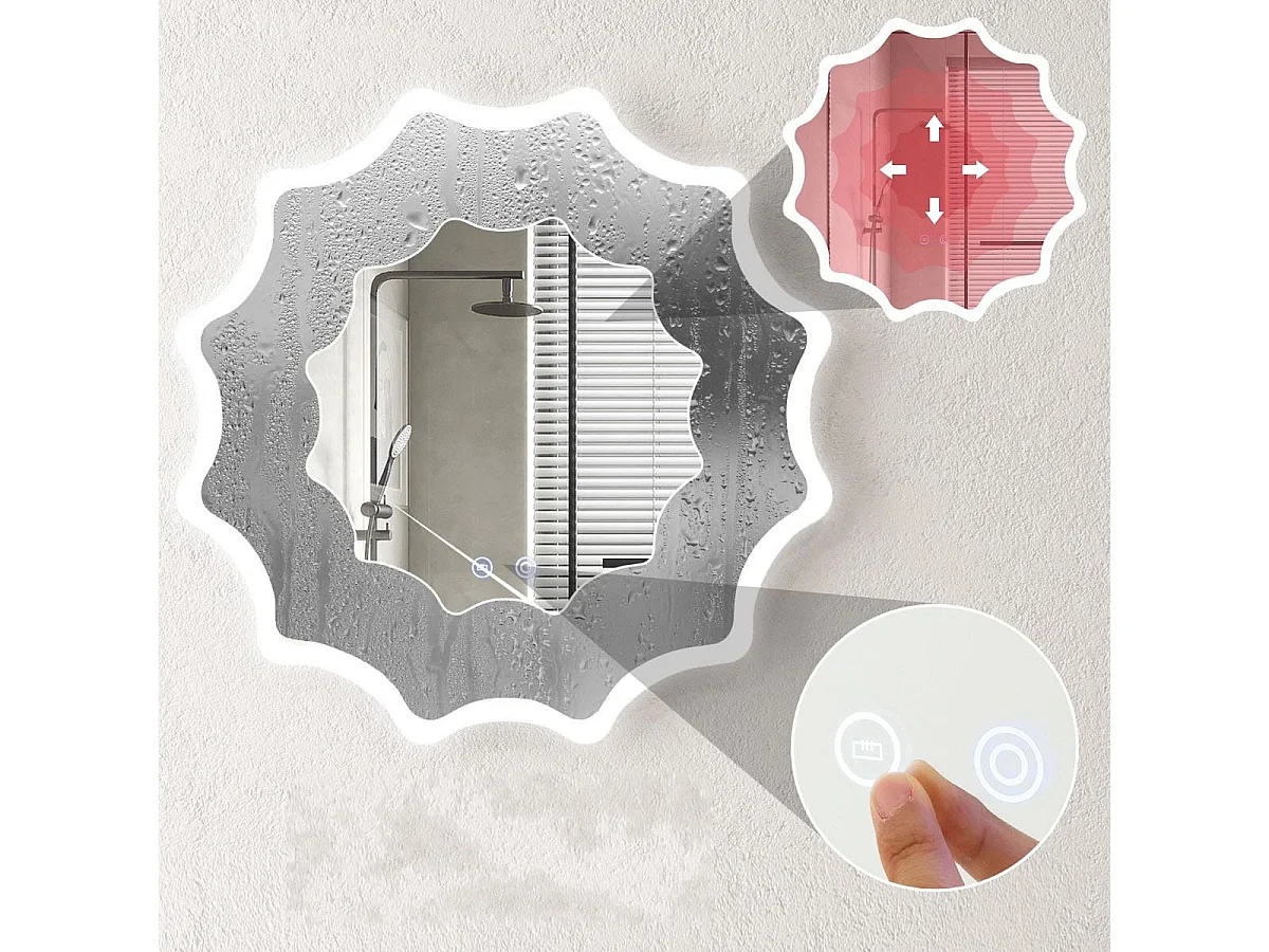 Badspiegel mit Anti-Beschlage Spiegelheizung Welle-Design LED-Spiegel Wandspiegel 60 x 60 cm