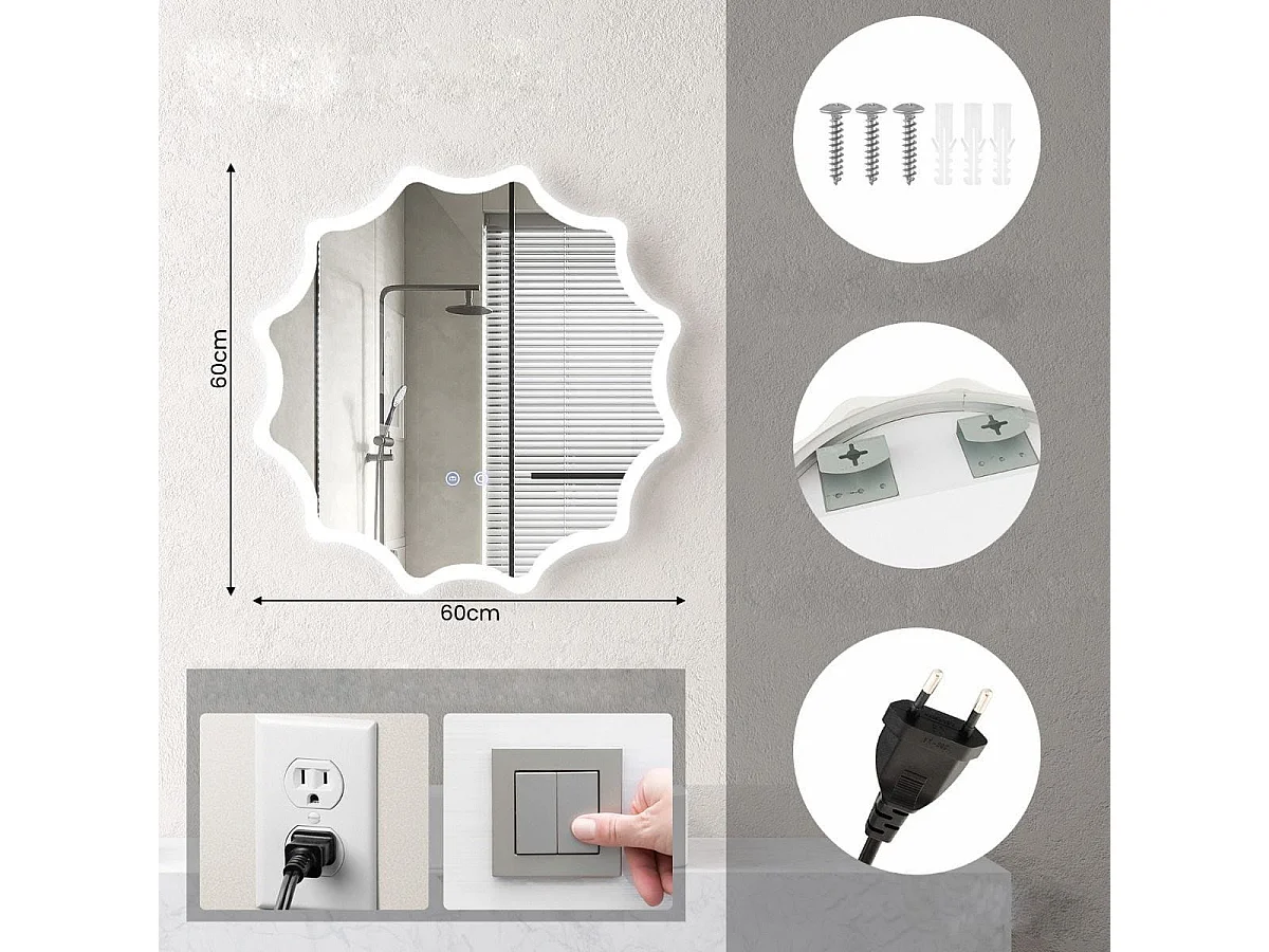 Badspiegel mit Anti-Beschlage Spiegelheizung Welle-Design LED-Spiegel Wandspiegel 60 x 60 cm