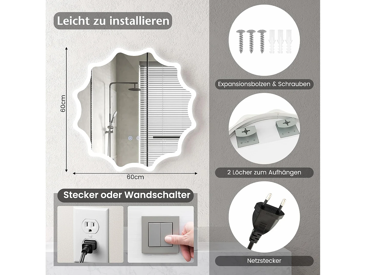 Badspiegel mit Anti-Beschlage Spiegelheizung Welle-Design LED-Spiegel Wandspiegel 60 x 60 cm