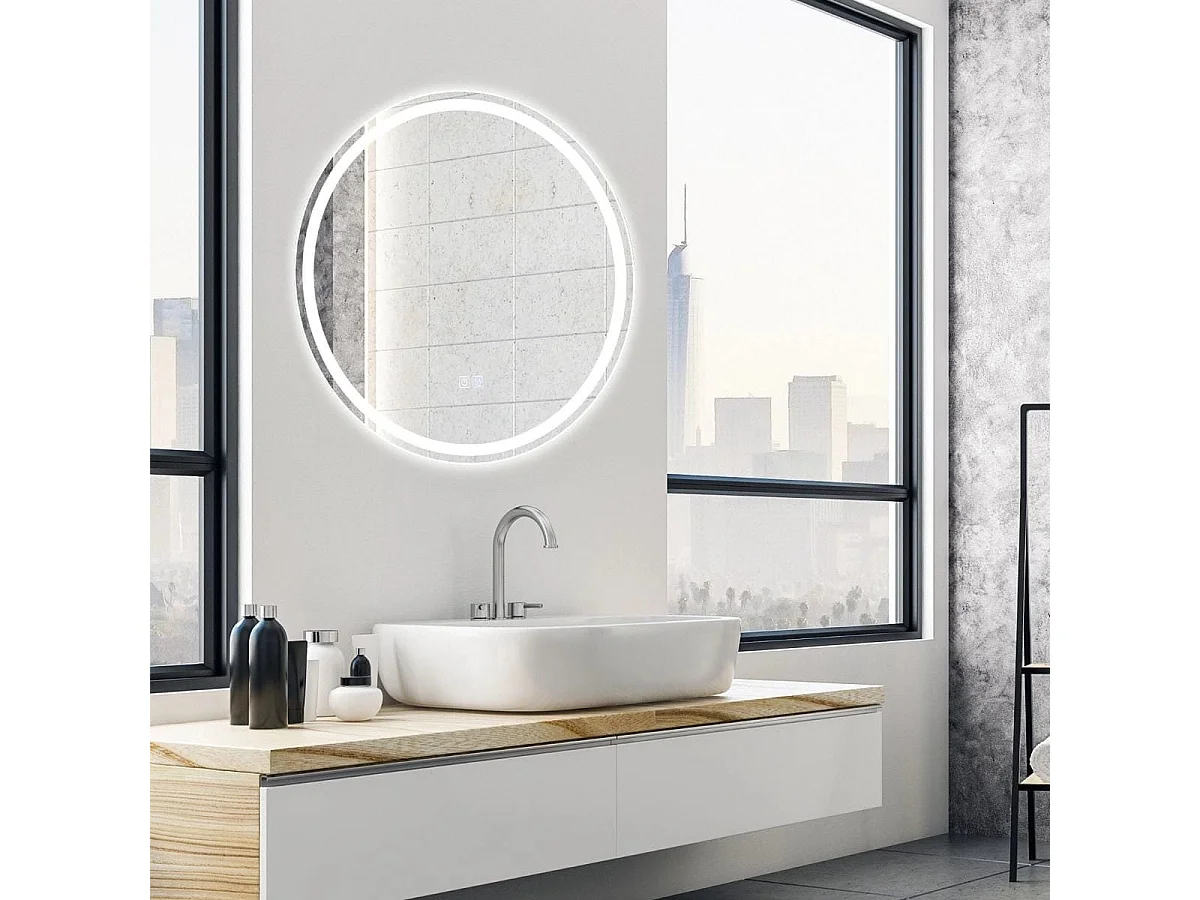 Miroir de Salle de Bain LED ø 60 cm avec 3 Eclairages Interrupteur Tactile et Fonction Anti-Buée