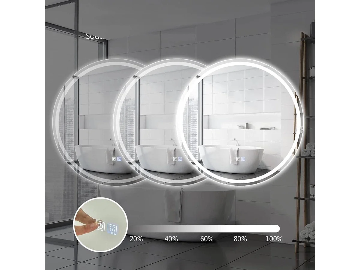Miroir de Salle de Bain LED ø 60 cm avec 3 Eclairages Interrupteur Tactile et Fonction Anti-Buée