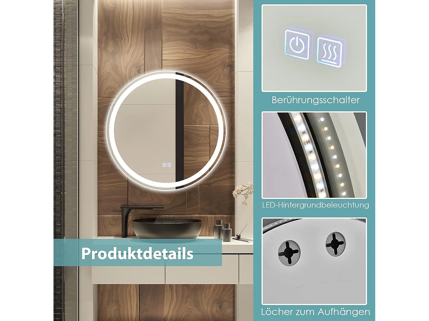 Miroir de Salle de Bain LED ø 60 cm avec 3 Eclairages Interrupteur Tactile et Fonction Anti-Buée